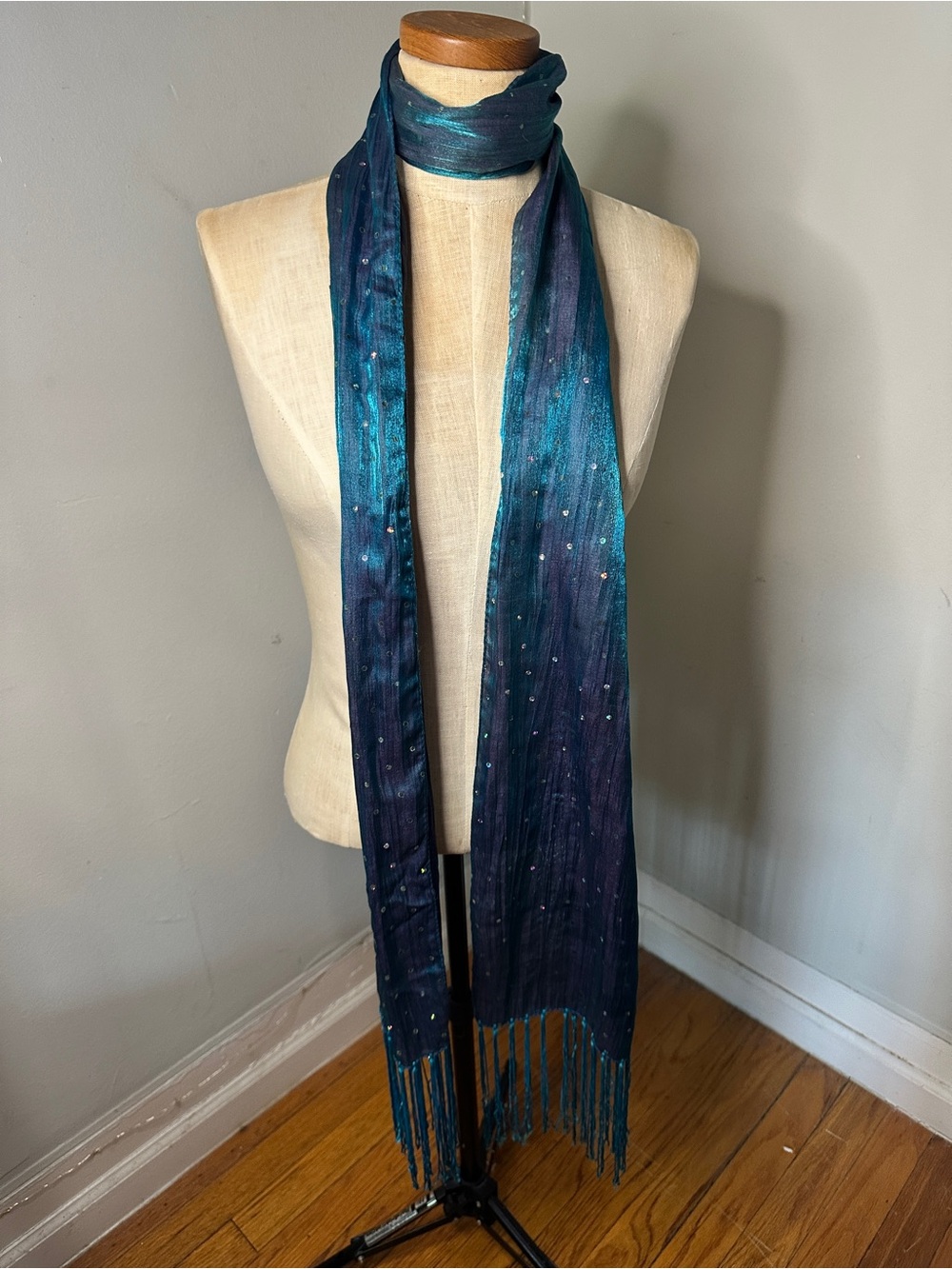 Teal and Navy Ombre Beaded Fringe Scarf
